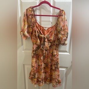 Floral Tie-Front Puff Sleeve Mini Dress